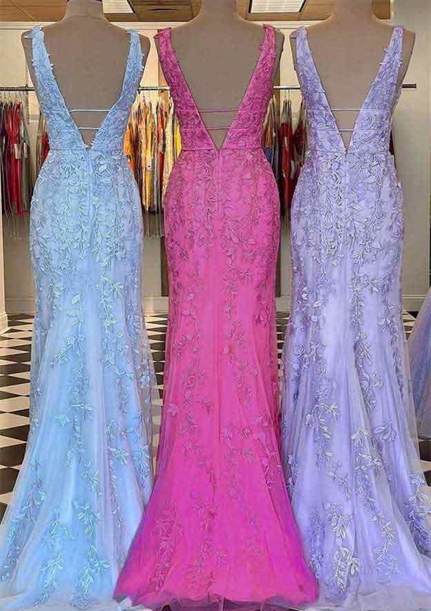 Robe de bal longue en tulle et dentelle, col en V, sans manches, avec perles